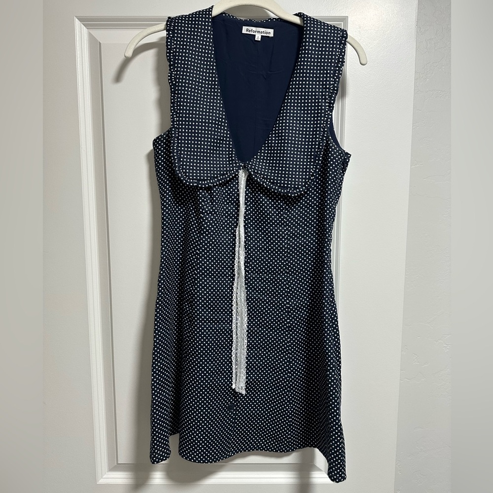Reformation Soraya Linen Dress Raindrops Polka Dot Navy Blue White